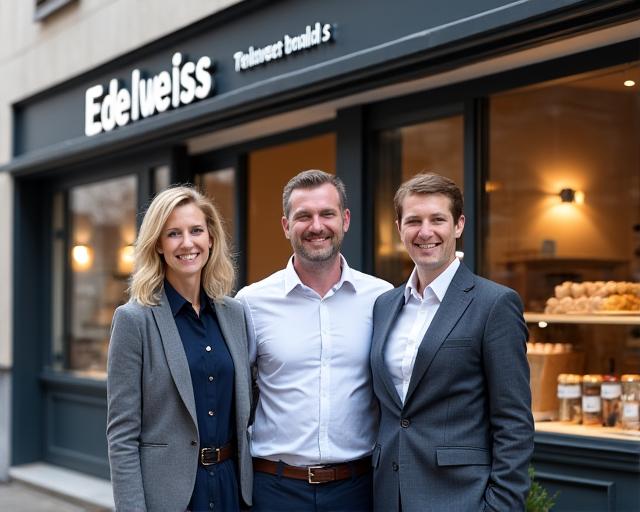 Das Gründerteam der Edelweiss Feinkost AG vor ihrem Geschäft in Zürich